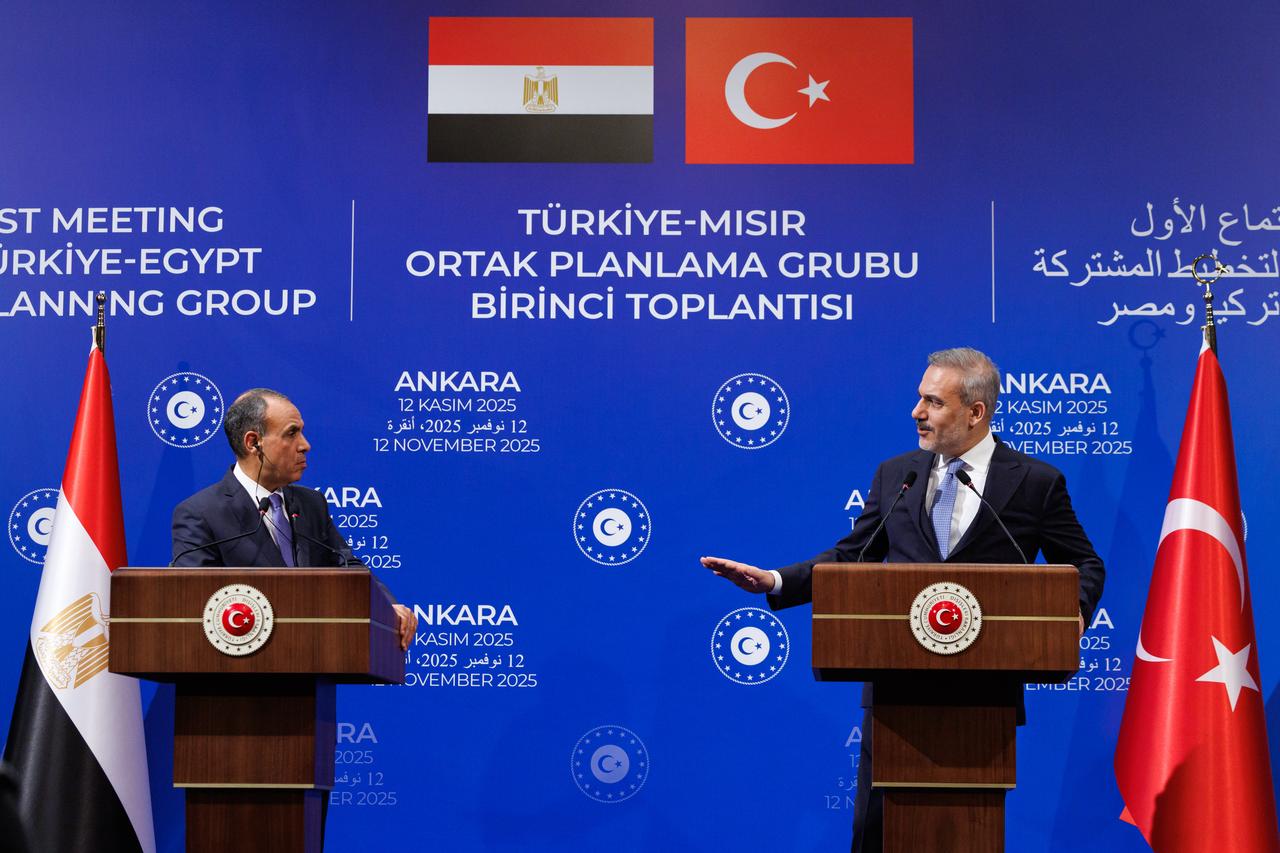 Foreign Minister Hakan Fidan and Egyptian Minister of Foreign Affairs, Immigration and Expatriates Affairs Badr Abdelatty hold a joint press conference after Türkiye - Egypt Joint Planning Group meeting in Ankara, Türkiye on Nov. 12, 2025. (AA Photo)