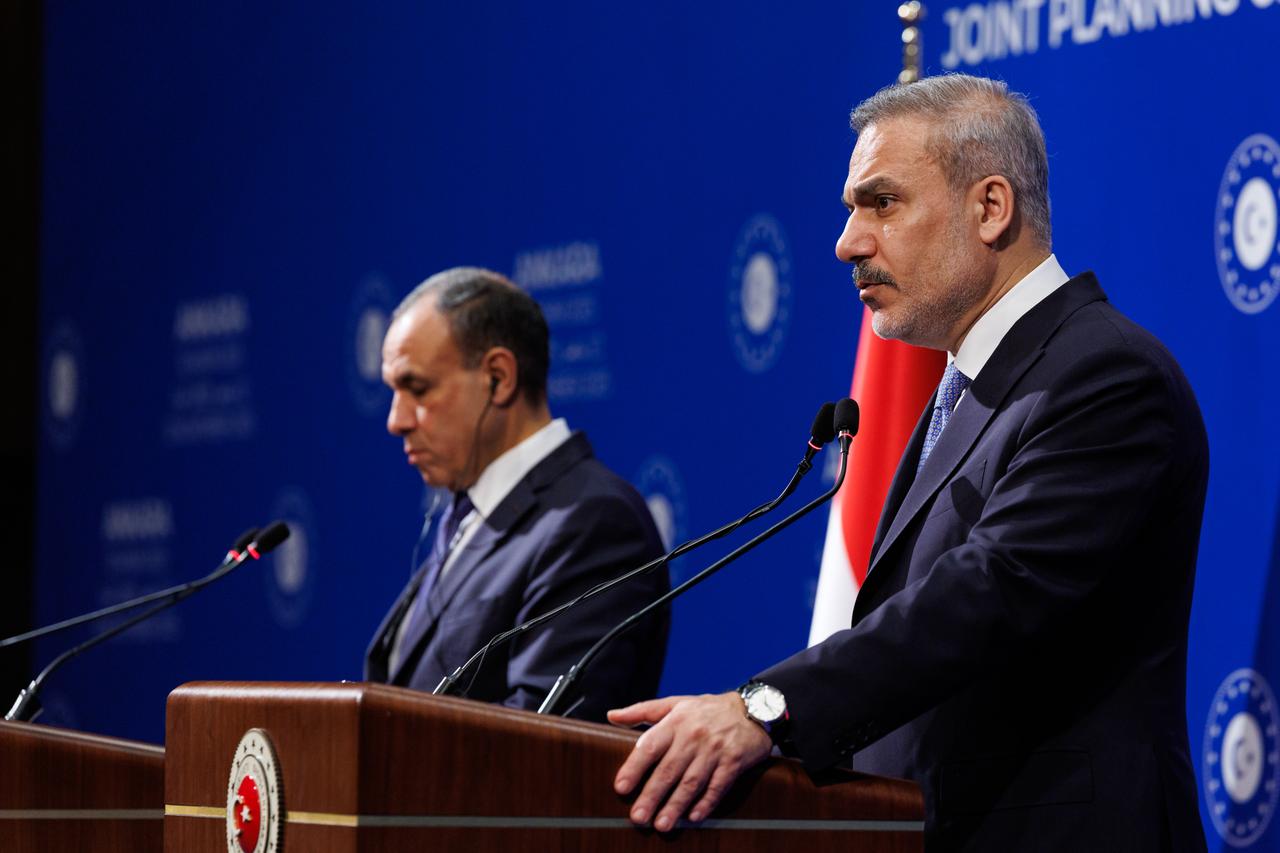 Foreign Minister Hakan Fidan and Egyptian Minister of Foreign Affairs, Immigration and Expatriates Affairs Badr Abdelatty hold a joint press conference after Turkiye - Egypt Joint Planning Group meeting in Ankara, Türkiye on Nov. 12, 2025. (AA Photo)