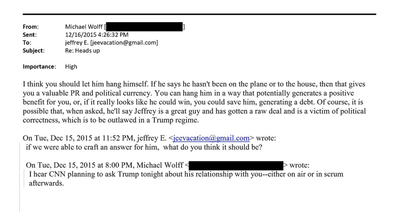 Email exchange from December 2015 showing Jeffrey Epstein asking Michael Wolff what Donald Trump “should say”, United States, November 12, 2025. (Photo via Oversight Democrats)