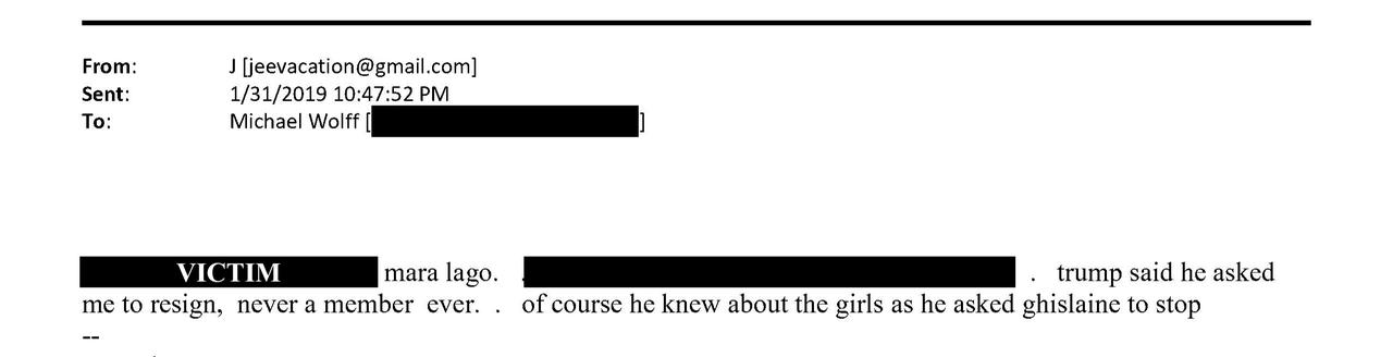 Email exchange from January 2019 in which Jeffrey Epstein claims Donald Trump “knew about the girls”, United States, November 12, 2025. (Photo via Oversight Democrats)