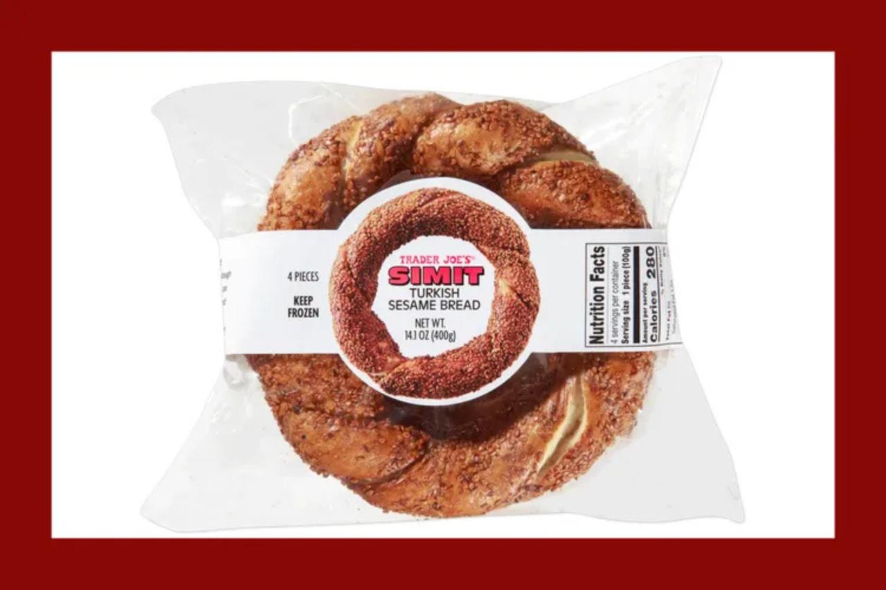 In Türkiye, breakfast — known as kahvalti — is a full-on feast, and no spread is complete without simit. Trader Joe’s new frozen version, made in Türkiye, nails the bread’s signature chew and golden sesame crust. (Photo via Food & Wine/Trader Joe's)