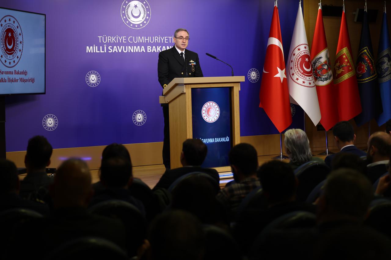 Rear Adm. Zeki Akturk, the Turkish Defense Ministry’s Press and Public Relations Advisor and spokesperson, speaking during weekly briefing in Ankara, Türkiye on Nov. 13, 2025. (AA Photo)