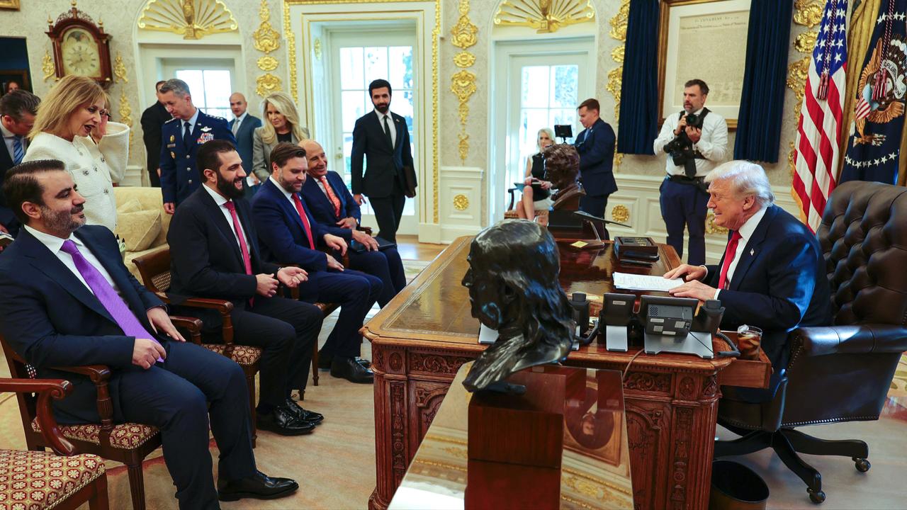 Photo shows U.S. President Donald Trump (R) meeting with Syria's President Ahmed al-Sharaa (2nd L), seated along side Syria's FM Asaad al-Shaibani (L), U.S. Vice President JD Vance (2nd R) and U.S. envoy for Syria Tom Barrack (R), at the White House in Washington, on Nov. 10, 2025. (SANA HO / AFP Photo)