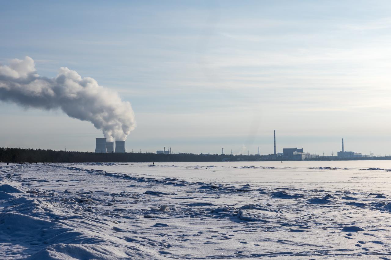 Leningrad Nuclear Plant on the coast of Baltic Sea, winter landscape. (Adobe Stock Photo)