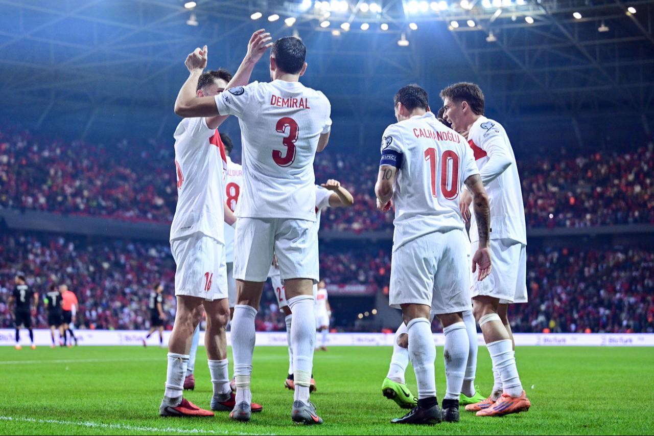 Merih Demiral (3) of Türkiye celebrates with his teammates after he scores a goal during 2026 FIFA World Cup European Qualifiers Group E football match between Türkiye and Georgia at Kocaeli Stadium in Kocaeli, Türkiye, Oct. 14, 2025. (AA Photo)