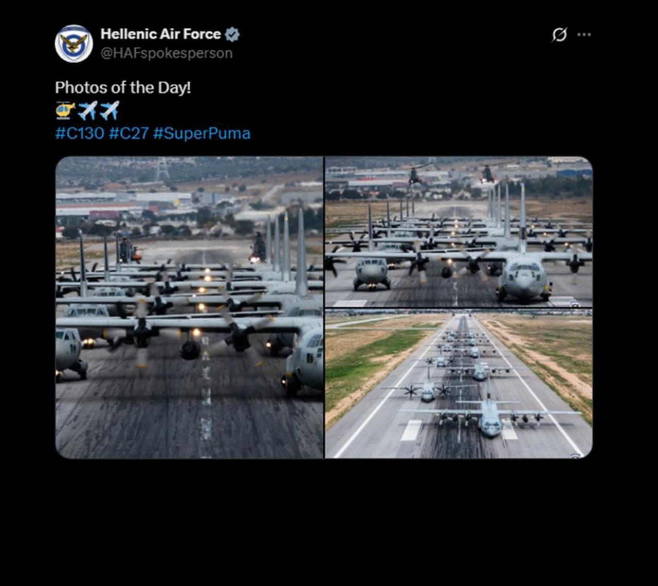 A screenshot of the deleted Hellenic Air Force social media post showing C-130 transport aircraft with the caption "Photos of the Day!" accessed on Nov. 13, 2025. (Photo via X/@HAFspokesperson)