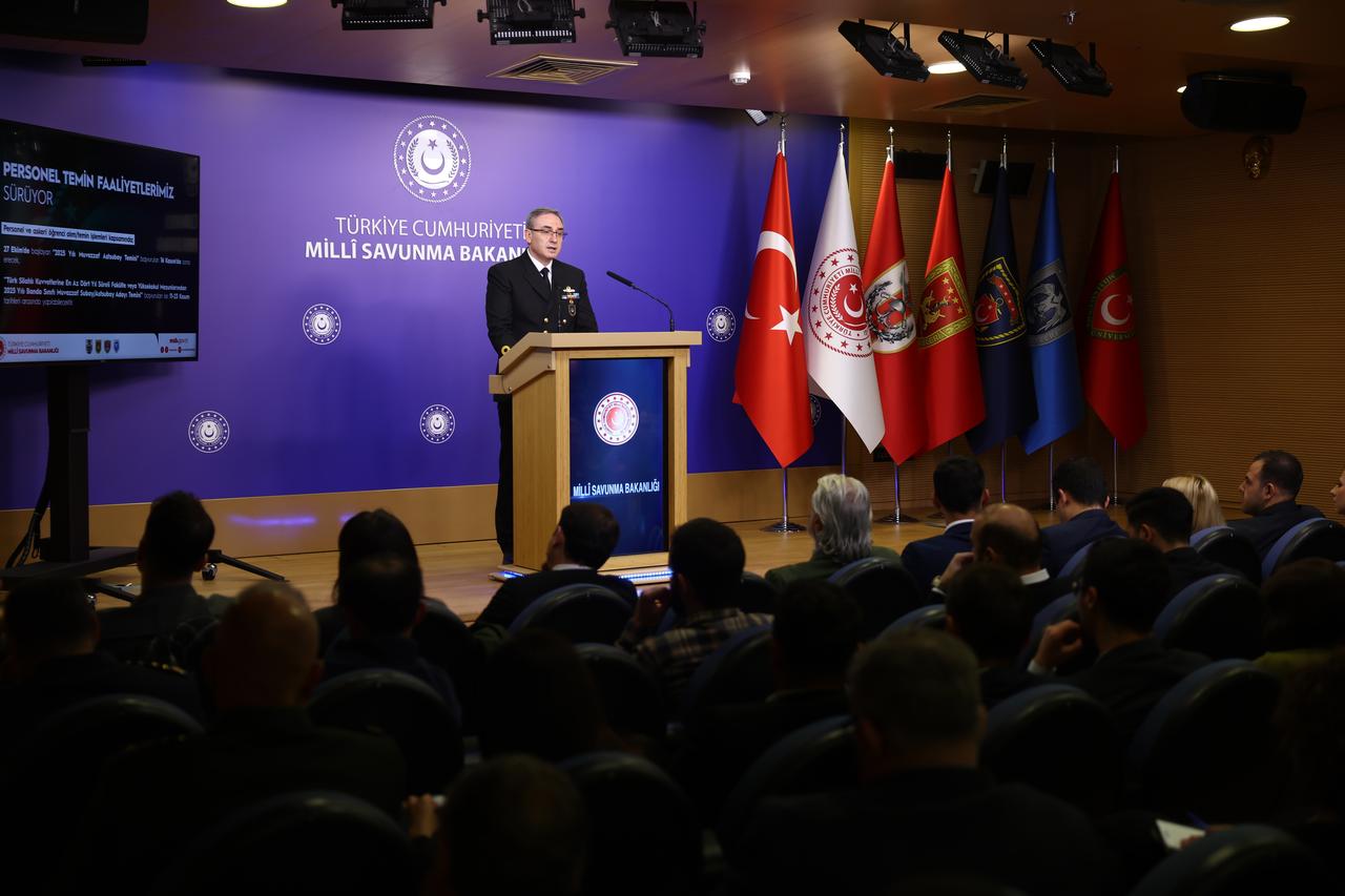 Rear Admiral Zeki Akturk, the Press and Public Relations Advisor and Spokesperson of the Ministry of National Defense (MSB), made statements during the weekly press briefing held at the ministry, Ankara, Türkiye, on Nov. 13, 2025. (AA Photo)
