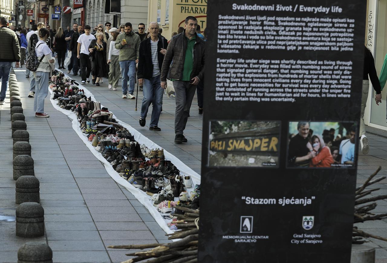 Over 15,000 pairs of shoes symbolizing the Bosnians who perished during the siege are displayed along Marsala Tita and Ferhadiye streets as part of the 'Memory Lane' initiative during the commemorative events in Sarajevo, the capital of Bosnia and Herzegovina on April 05, 2024. (AA Photo)