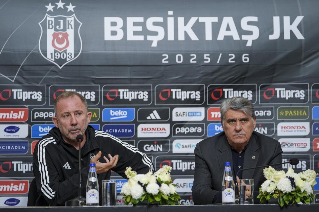 Besiktas Club President Serdal Adali (R) and Besiktas head coach Sergen Yalcin (L) hold a joint press conference at the BJK Nevzat Demir Facilities in Istanbul, Türkiye, November 15, 2025. (AA Photo)