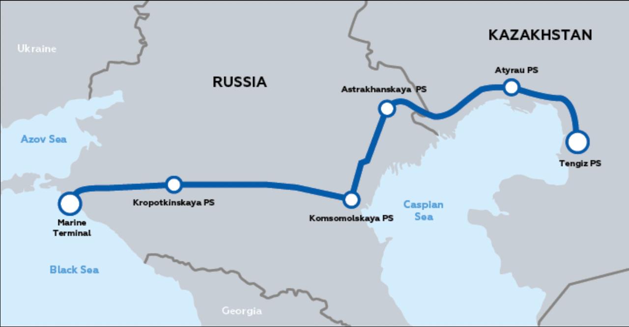 Map shows the CPC pipeline route from Kazakhstan’s Tengiz field to the Black Sea export terminal near Novorossiysk, via Russian territory. (Map via Transneft)
