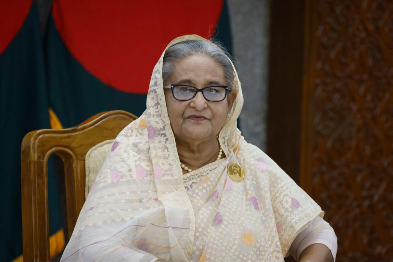 Bangladesh's ex-PM Sheikh Hasina looks on during the ceremony of signing bilateral agreements with France's President Emmanuel Macron (not pictured) at the Prime Minister's office in Dhaka, Bangladesh on Sept. 11, 2023. (AFP Photo)