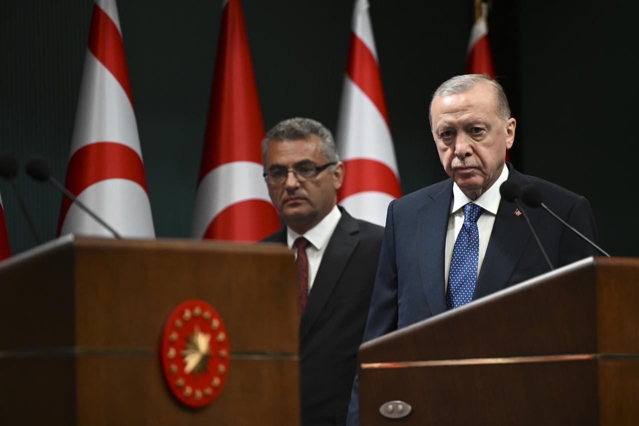 President Recep Tayyip Erdogan and Turkish Republic of Northern Cyprus (TRNC) President Tufan Erhurman hold a joint press conference following their bilateral meeting at the Presidential Complex in Ankara, Türkiye on Nov. 13, 2025. (AA Photo)