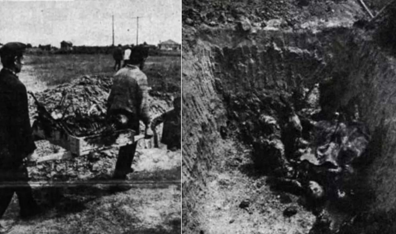 Images document villagers carrying remains from the crash scene and the burial trench where acid-damaged bodies were laid to rest. (Photo via Hurriyet daily)