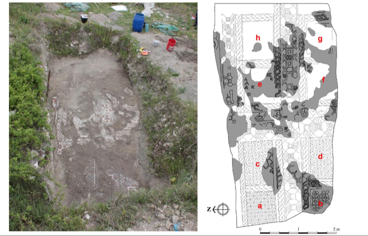 Solda: Berat Kalesi'nin içinde bulunan ve kısmen korunmuş geometrik zemin dekorasyonunu gösteren geç antik dönem mozaiğinin kazısı.  Sağda: Parçalı paneller ve günümüze ulaşan dekoratif kenarlar da dahil olmak üzere, muros içi mozaiğin düzenini yeniden yapılandıran arkeolojik çizim. (Fotoğraflar JMR 18, 2025 aracılığıyla)