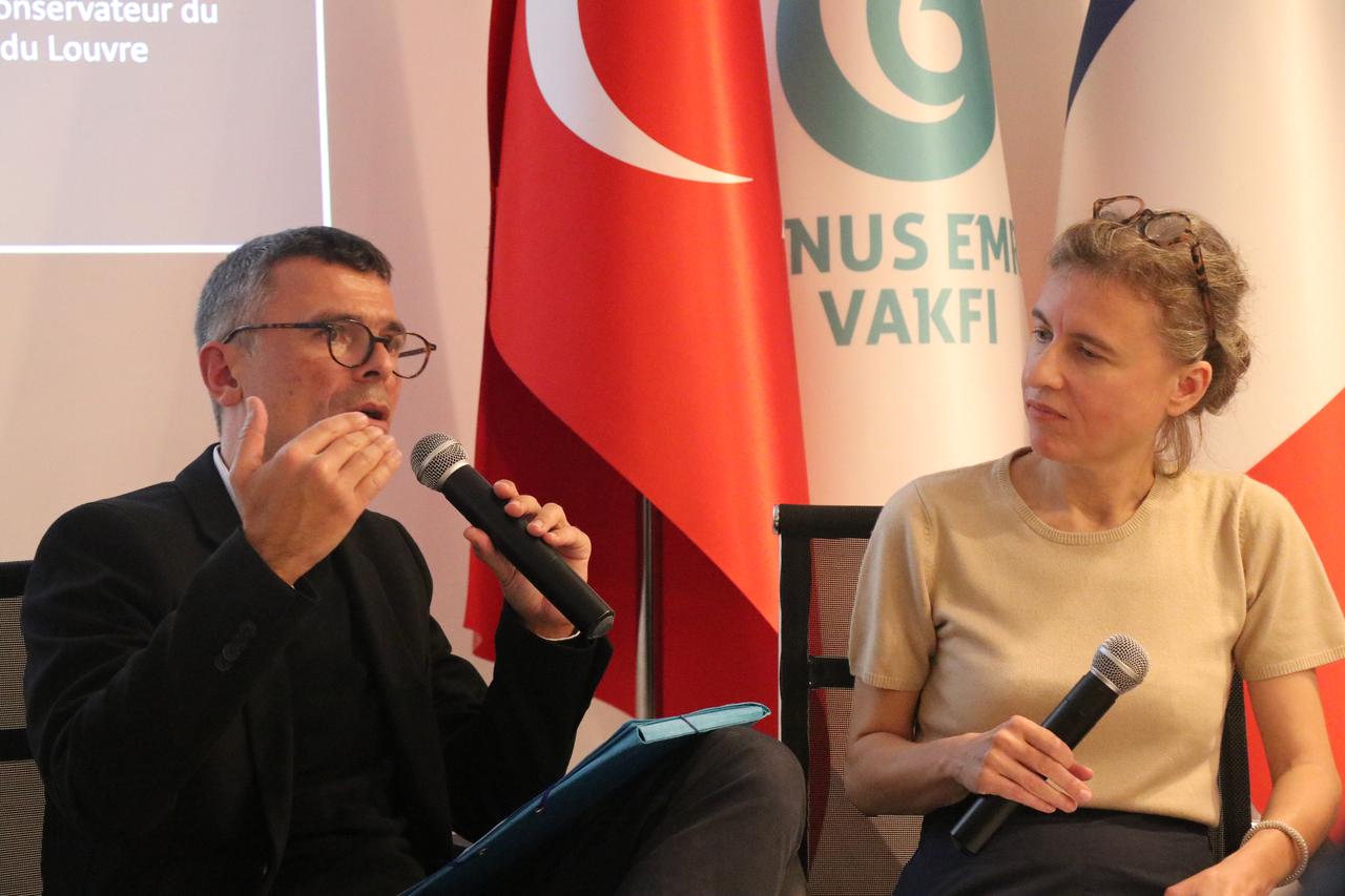 Speakers discuss the archaeological focus of the “The Hill of Renewal” podcast during the launch at the Yunus Emre Institute in Paris, France, Nov. 15, 2025. (AA Photo)