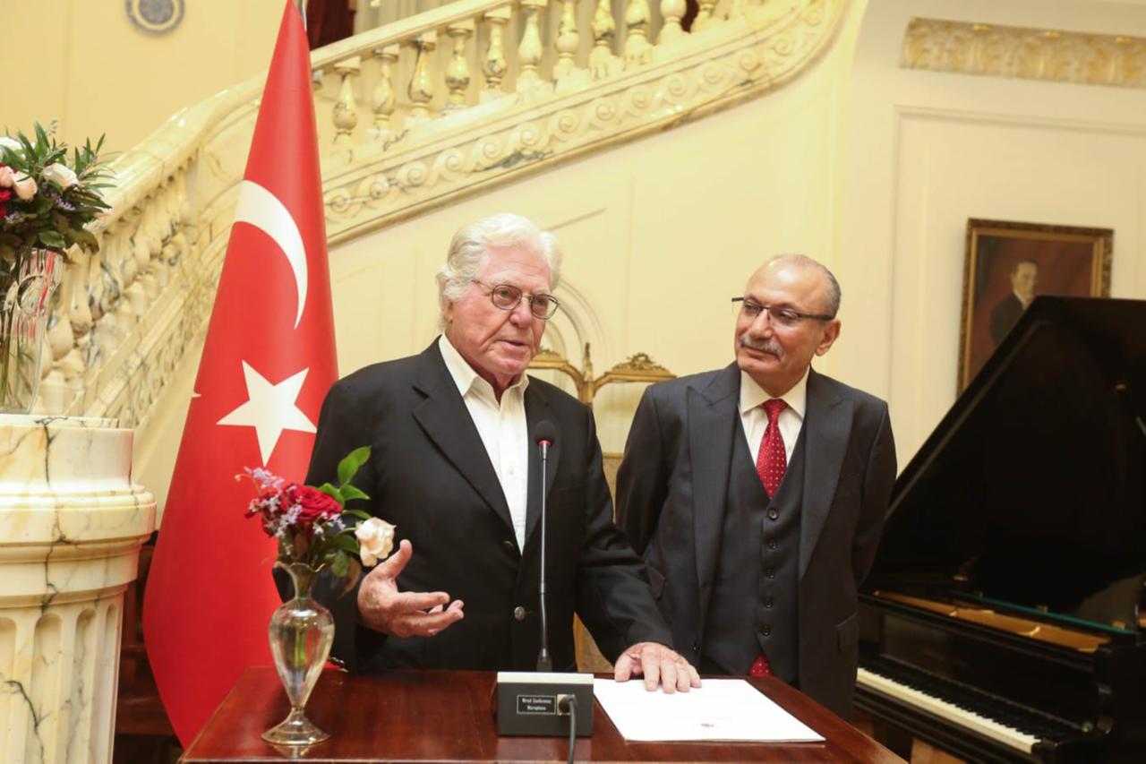 Turkish Ambassador Salih Mutlu Sen with Head of the Cairo Film Festival Hussein Fahmy at the Turkish Embassy in Cairo honoring Turkish and Arap filmmakers' delegation to the 46th Cairo International Film Festival on November 16, 2025. (AA Photo)