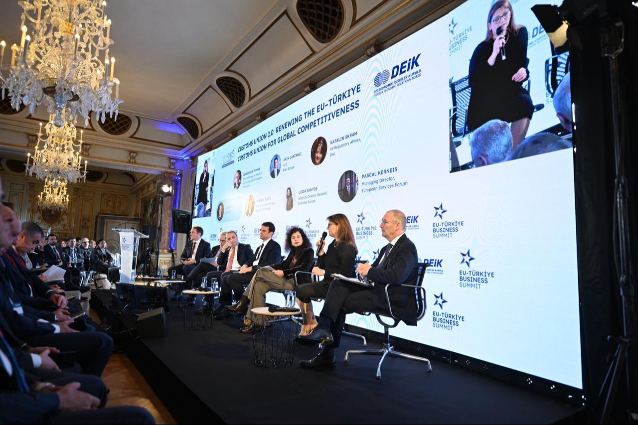 Panelists speak during a session titled "Customs Union 2.0: Renewing the EU–Türkiye Customs Union for Global Competitiveness" at the EU–Türkiye Business Summit in Brussels, Belgium, November 18, 2025. (AA Photo)