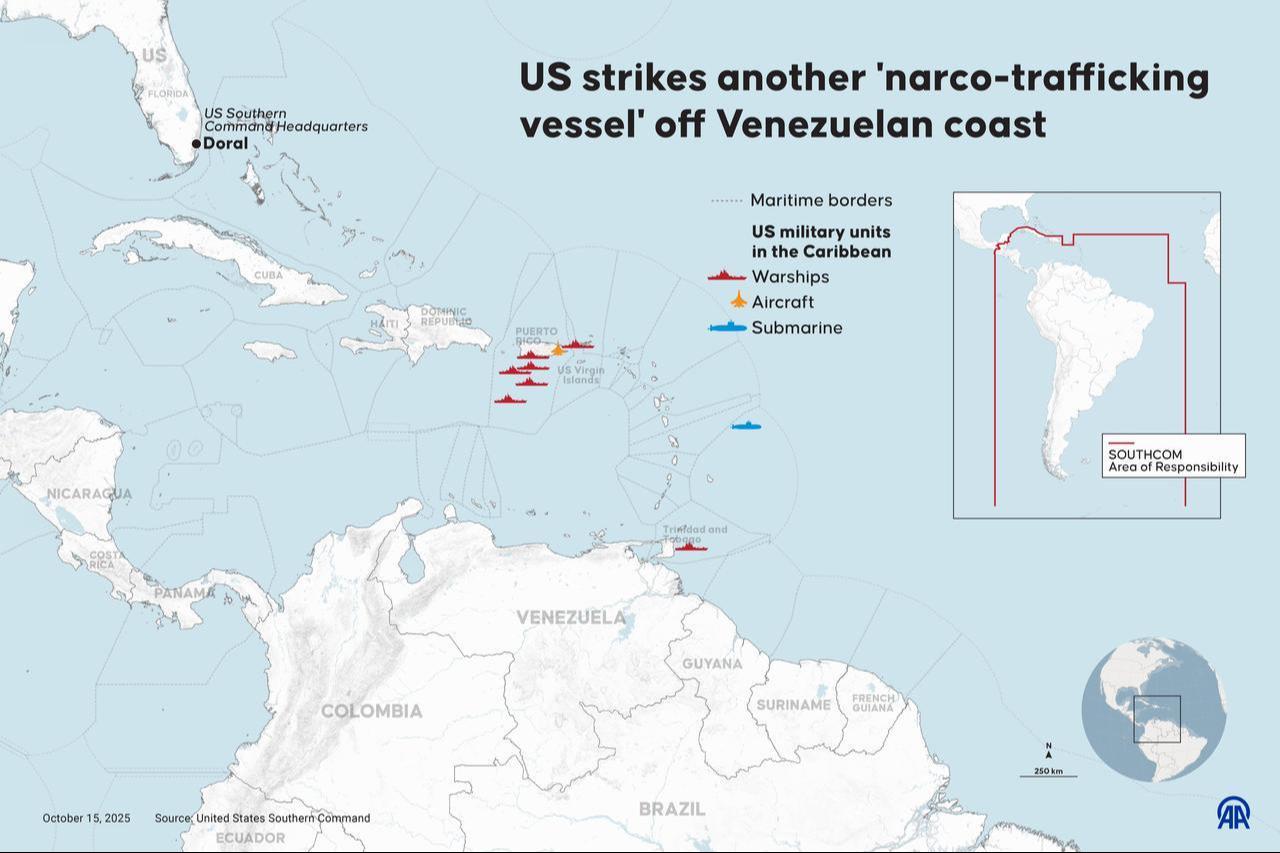 An infographic titled  US strikes another narco-trafficking vessel off Venezuelan coast created in Ankara, Türkiye on Oct. 15, 2025. (AA Photo)
