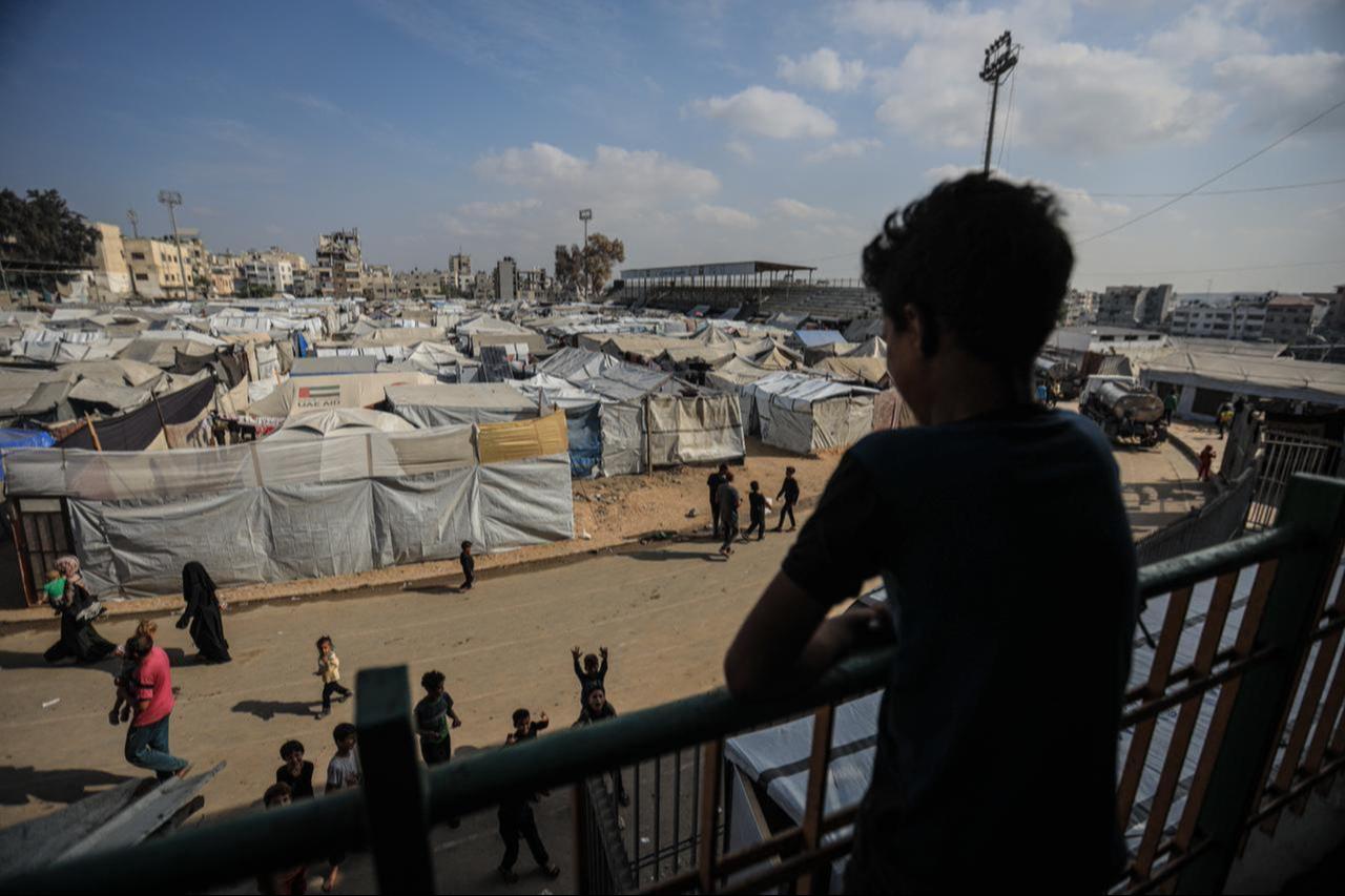 A view of makeshift tents at Yarmouk Stadium, which prove inadequate for rainy or cold weather as winter approaches in Gaza City, Gaza on Nov. 08, 2025. (AA Photo)