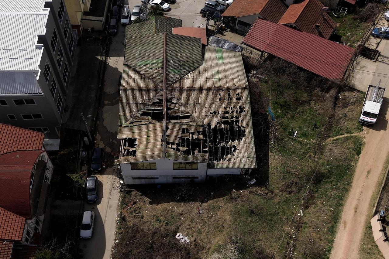This aerial photograph shows a view of the burnt down nightclub in which revellers died, in Kocani, a town some 100 kilometres east of the capital Skopje, N. Macedonia, on March 16, 2025. (AFP File Photo)