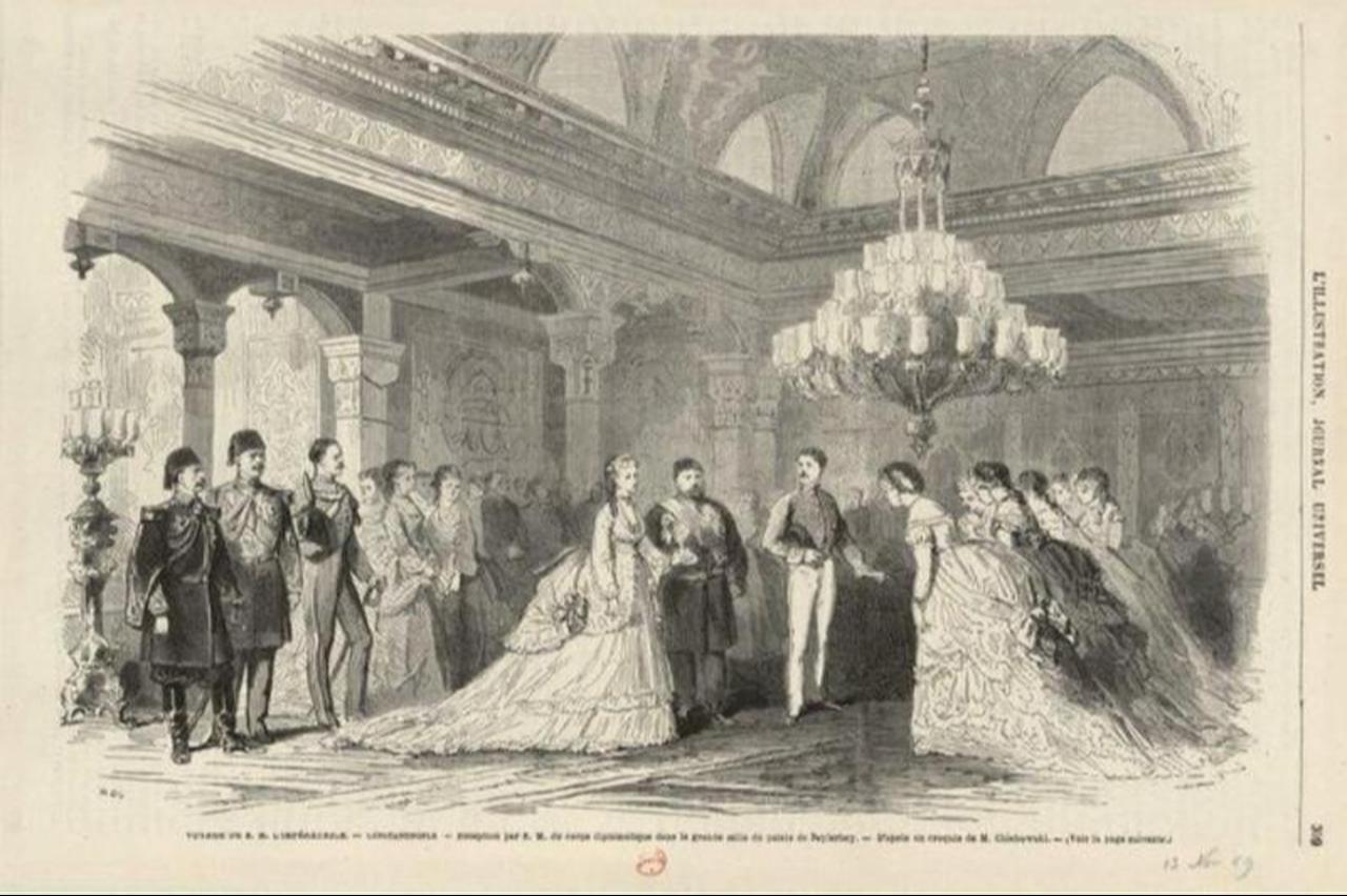 Empress Eugénie is received by Ottoman dignitaries in Constantinople during her 1869 visit en route to the Suez Canal inauguration. (Photo via Amazon)