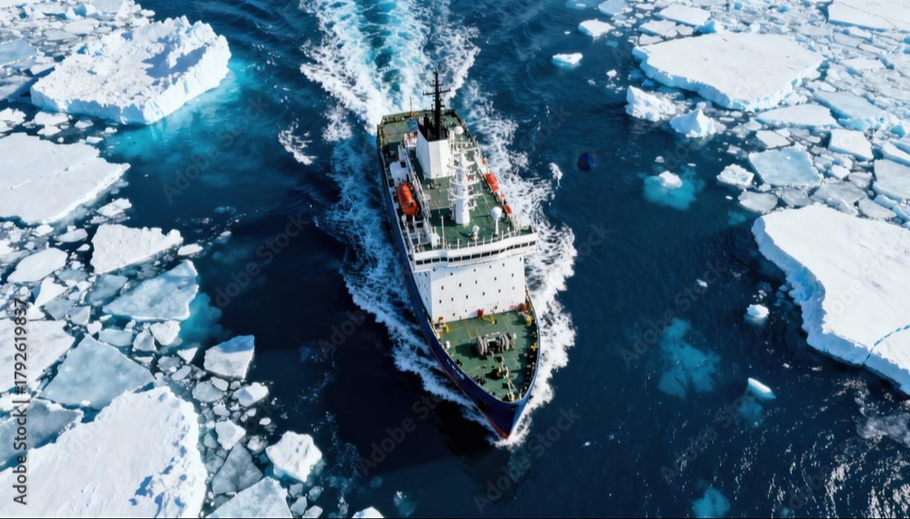 The image shows an icebreaker ship navigating through a polar region in Arctic or Antarctic. (Adobe Stock Photo)