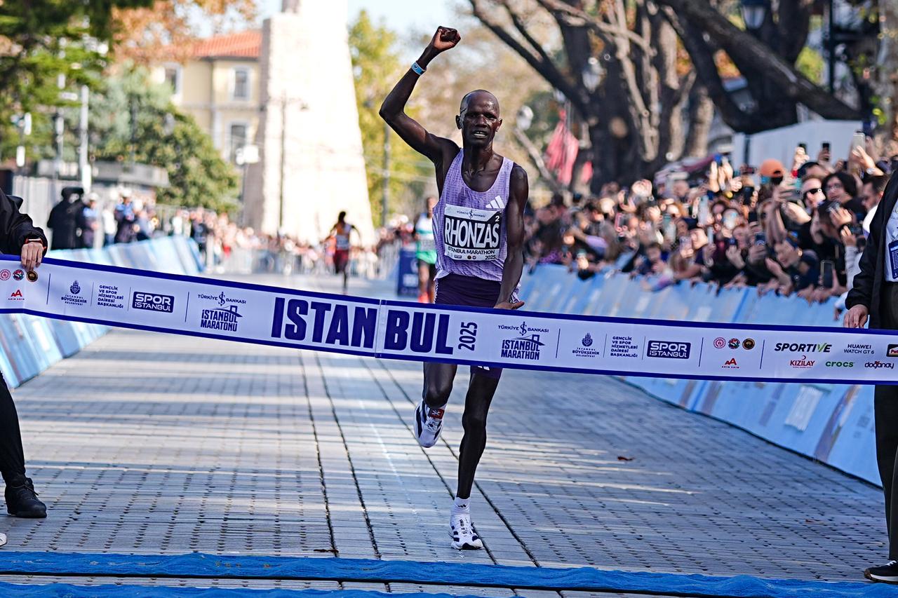 Kenyan athlete Rhonzas Lokitam Kilimo won the men's race at the Türkiye Is Bankası 47th Istanbul Marathon, organized by Spor İstanbul on Nov. 2, 2025. (AA Photo)