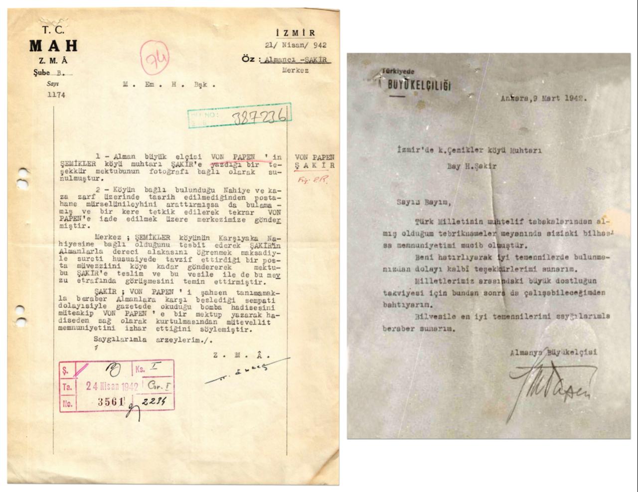 MIT has added a new intelligence report to the “Special Collection” section of its website, featuring a 1942 letter from German diplomat Franz von Papen to Sakir, the headman of Izmir’s Semikler village, along with a related note from the Izmir Central Directorate, on Nov. 2, 2025. (MIT-AA Photo)