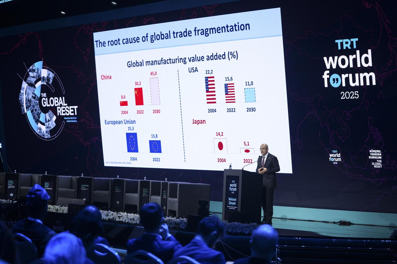 Finance Minister Mehmet Simsek speaking at the TRT World Forum 2025 in Istanbul, Türkiye on Nov. 1, 2025. (AA Photo)