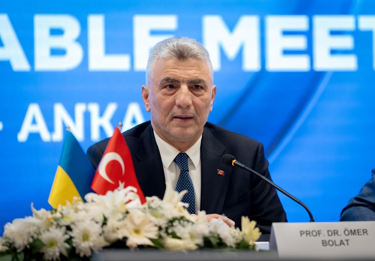 Turkish Trade Minister Omer Bolat speaks during the Türkiye-Ukraine Business Roundtable Meeting in Ankara, Türkiye on Feb. 18, 2025. (AA Photo)