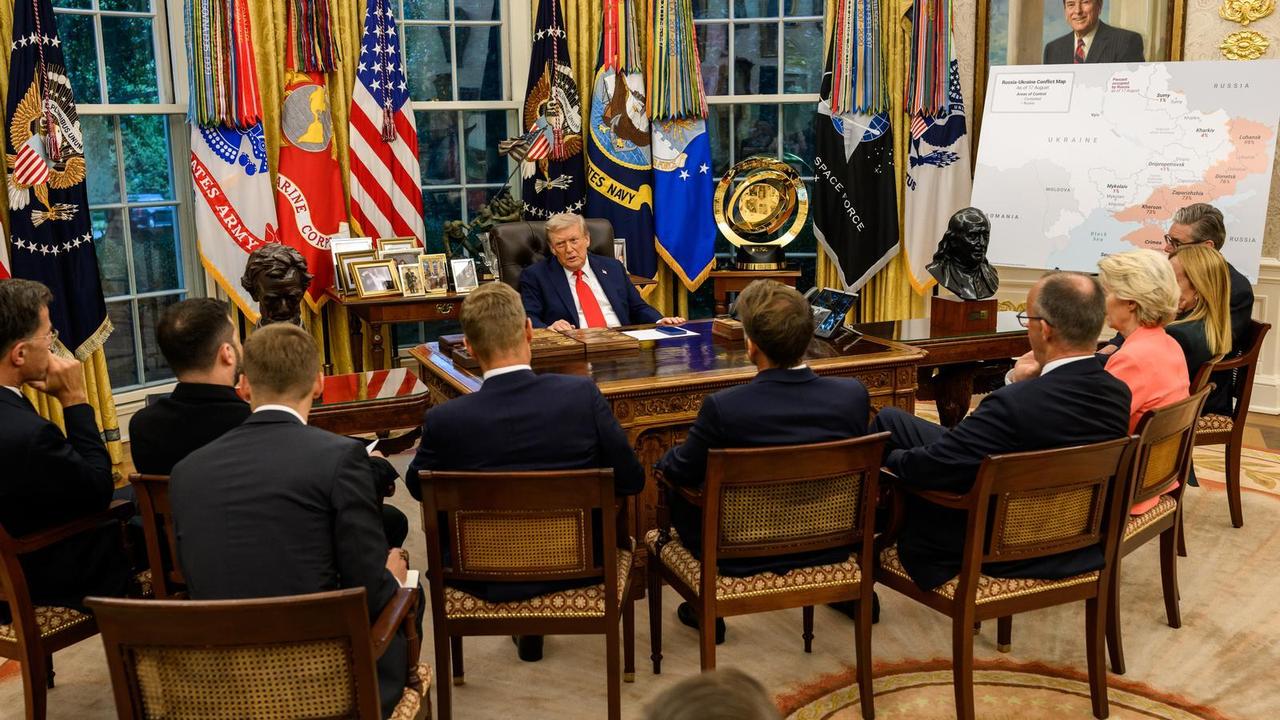 The photo of US President Donald Trump seated in the Oval Office while major EU leaders sitting around him. (Photo via X/White House)