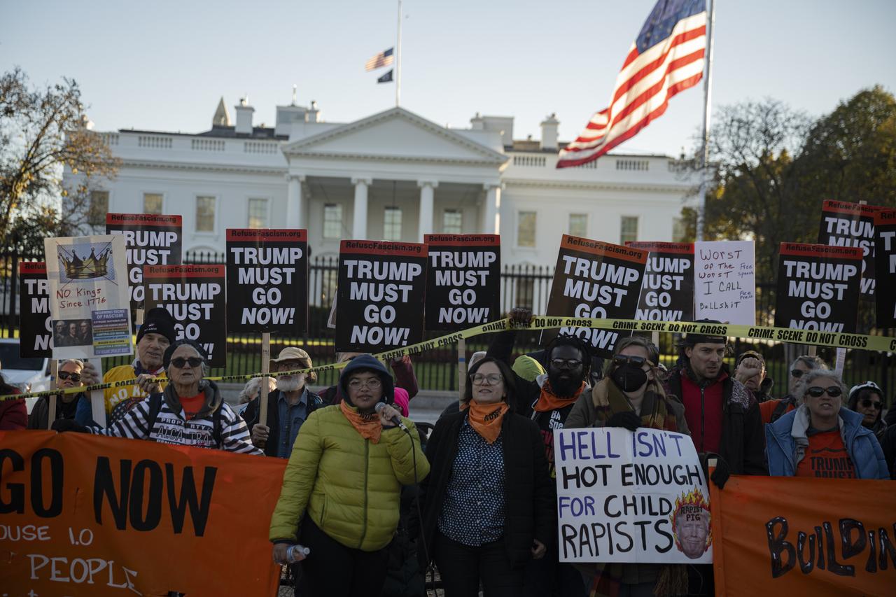 Demonstrators hold a protest outside the White House against U.S. President Donald Trump in Washington, DC, on Nov. 17, 2025. (AA Photo)