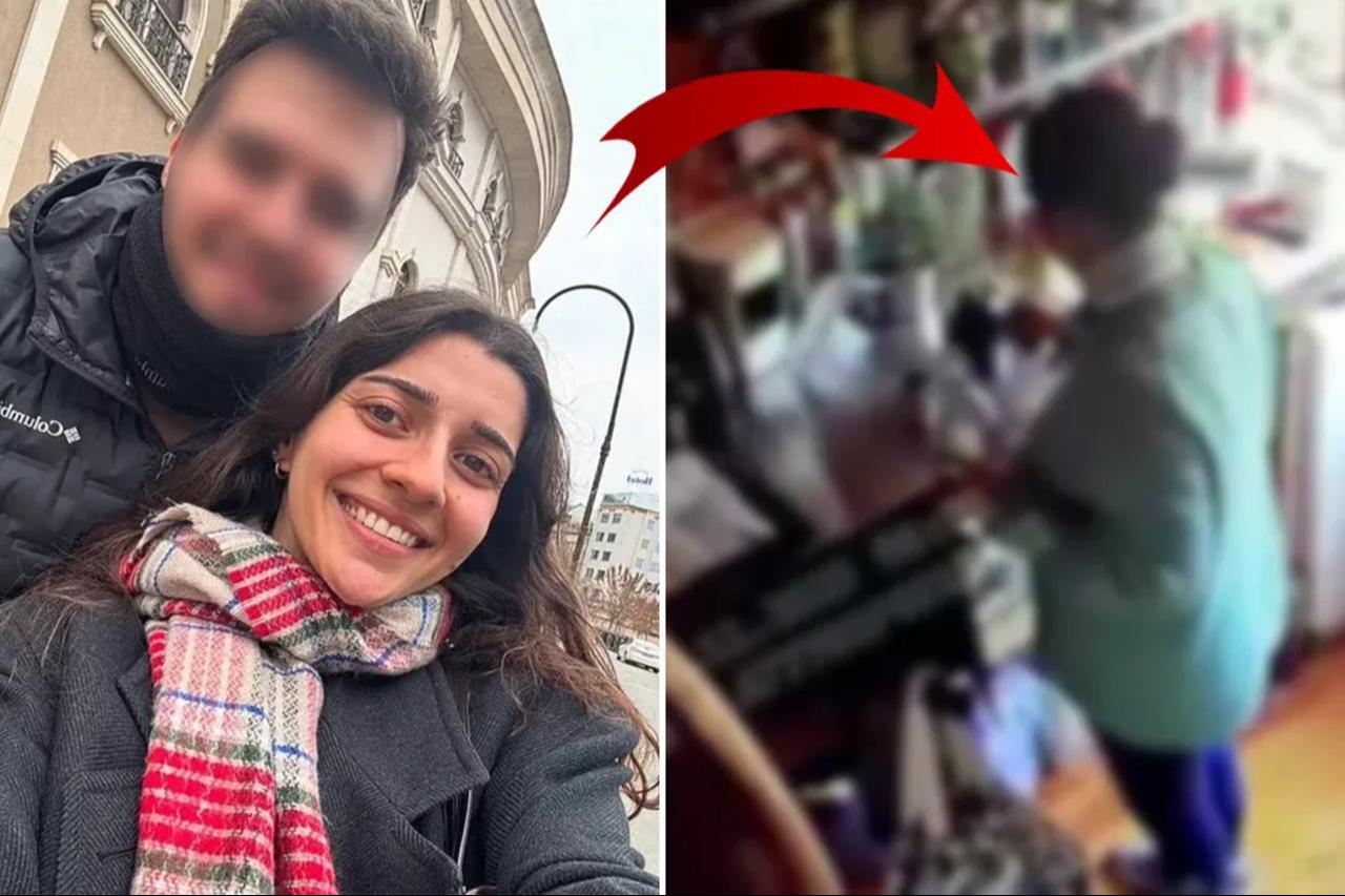 A photo collage shows engineer Ayben Ozcilingir Turtura smiling outdoors before the incident, next to CCTV footage from the cafe kitchen allegedly showing the moment the coffee was prepared. (Photo collage by Türkiye daily)