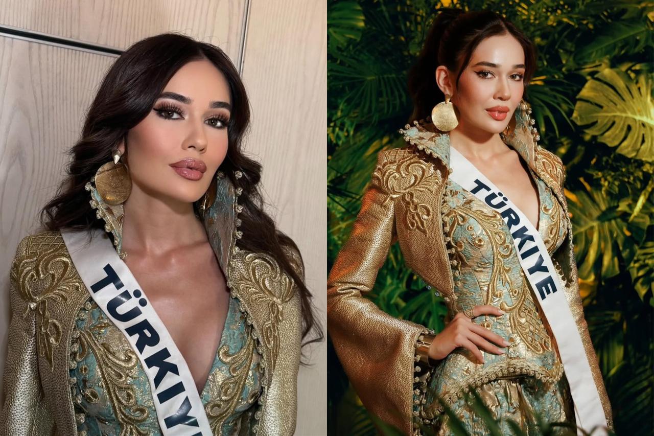 Ceren Arslan poses in a gold and blue embroidered costume during the Miss Universe 2025 camp in Bangkok, Thailand, November 20, 2025. (Photo via Instagram / @cerenarsllan)