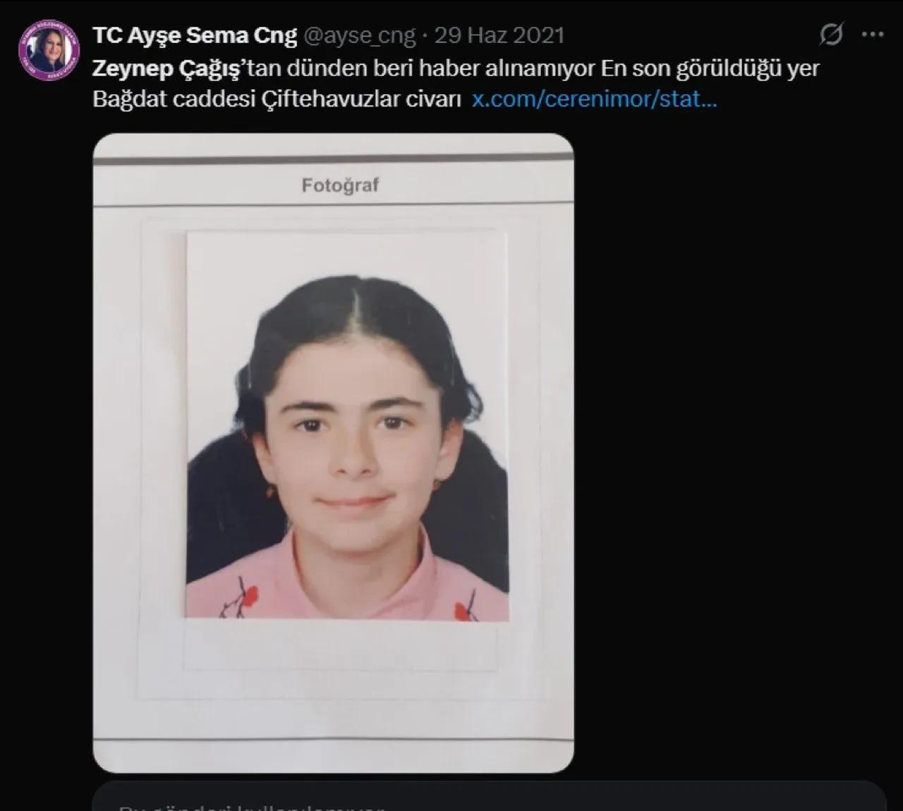 A screenshot of a 2021 tweet showing the childhood image that social media users linked to Zeynep Cagis during this week’s debate, Türkiye, November 20, 2025. (TGRT Photo)