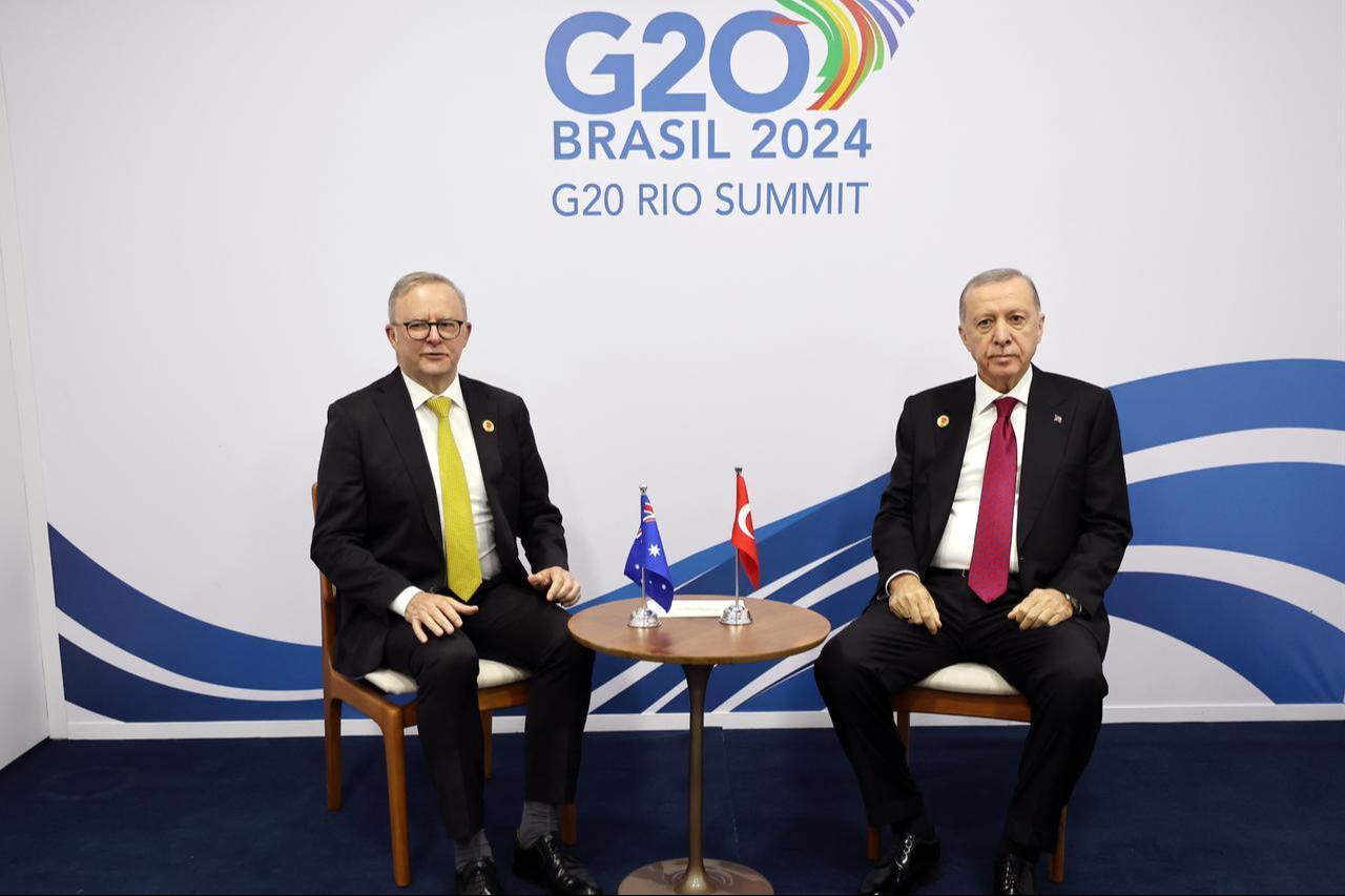 Turkish President Recep Tayyip Erdogan (R) meets with Prime Minister of Australia Anthony Albanese (L) within the G20 Leaders Summit in Rio de Janeiro, Brazil on November 18, 2024. (AA Photo)