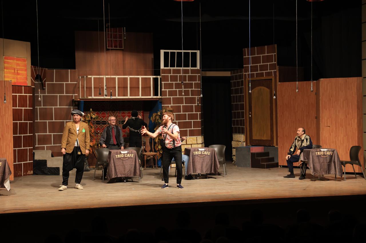 Syrian actors perform the city’s first political theater play humorously depicting the fall of the Bashar al-Assad regime and its aftermath, as part of a revival of cultural activities including concerts, exhibitions, and performances in Aleppo, Syria, Nov. 20, 2025. (AA Photo)