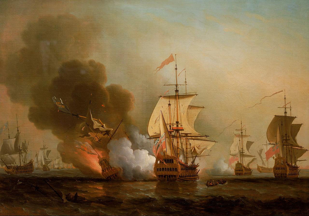 An 18th-century painting depicting the naval battle between British Admiral Charles Wager and the Spanish treasure galleon San Jose near Cartagena on May 28, 1708, during the War of the Spanish Succession, painted in 1743. (Image via Royal Museums Greenwich)