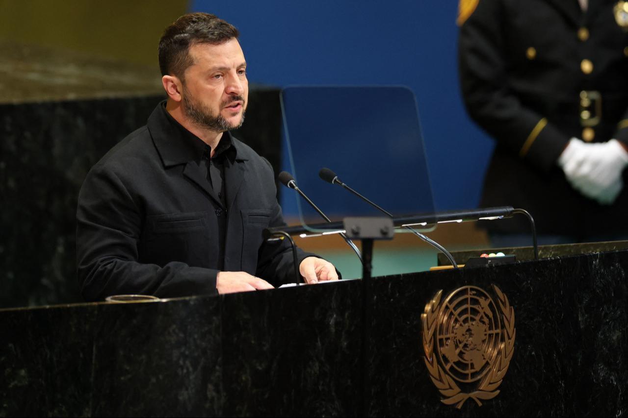Ukraines President Volodymyr Zelenskyy speaks during the General Debate of the United Nations General Assembly at the UN headquarters in New York City on Sep. 24, 2025. (AFP Photo)