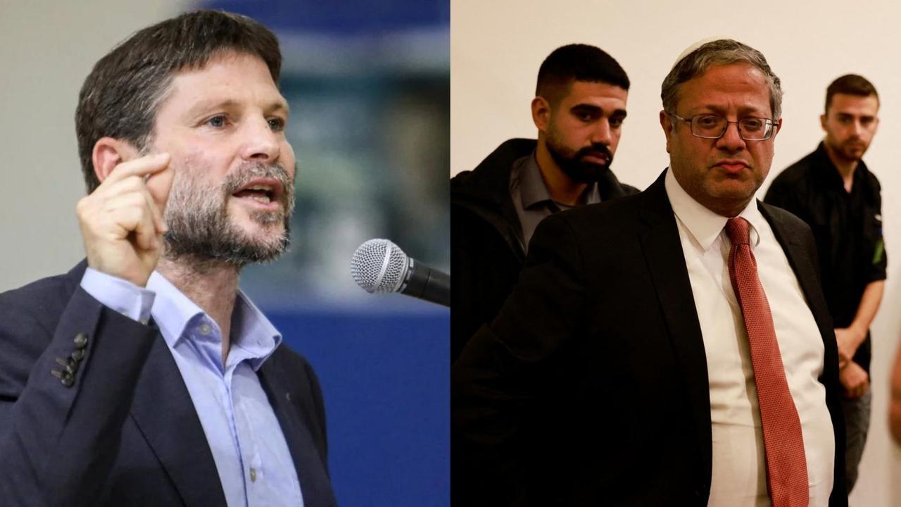 Far-right Israeli lawmaker Bezalel Smotrich speaking at a rally in Sderot on October 26, 2022 (AFP Photo), and National Security Minister Itamar Ben Gvir addressing media at Tel Aviv courtroom before Prime Minister Netanyahus hearing on December 10, 2024 (AFP Photo). (COMBO by Türkiye Today)