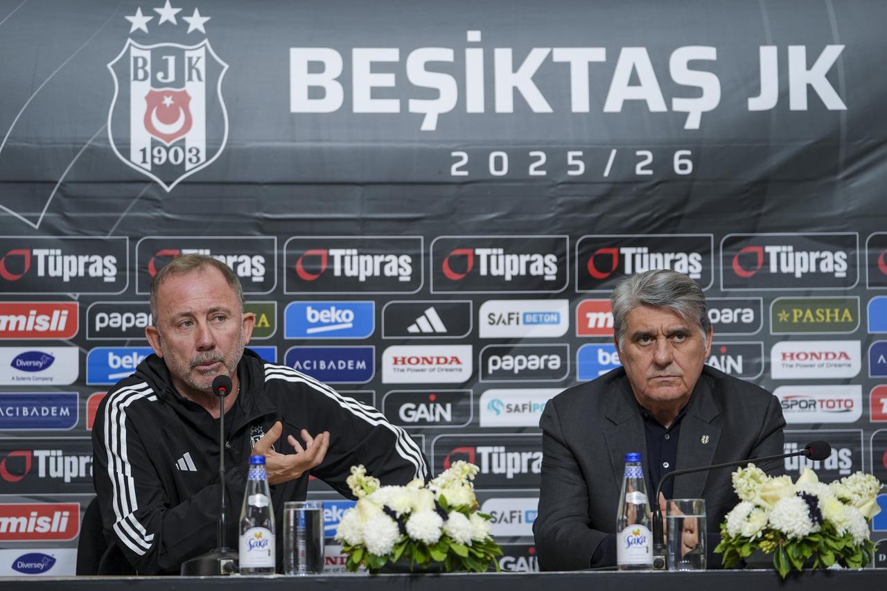 Besiktas President Serdal Adali (right) and head coach Sergen Yalcin (left) held a press conference at BJK Nevzat Demir Facilities to address the situation of Portuguese player Rafa Silva and other club matters. Istanbul, Türkiye, November 15, 2025. (AA Photo)