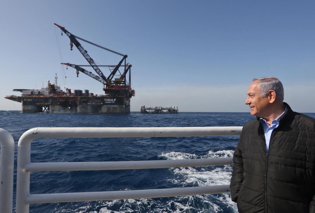 Israeli Prime Minister Benjamin Netanyahu is seen during the inauguration of the newly-arrived foundation platform for the Leviathan natural gas field in the Mediterranean Sea, about 130 kilometres (81 miles) west of the coast of the Israeli city of Haifa, on January 31, 2019. ( AFP Photo )