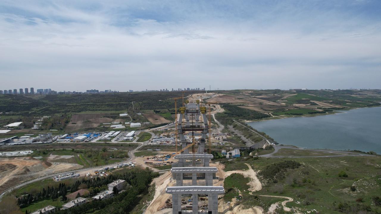 An aerial view shows ongoing construction of the Sazlidere Bridge, the first of six planned crossings for the Canal Istanbul project, located on the European side of Istanbul, Türkiye, on April 15, 2025. (IHA Photo)