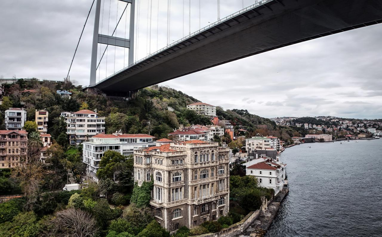 An aerial view of Zeki Pasha Mansion located on the waterfront just beneath the Fatih Sultan Mehmet Bridge along the Bosphorus, Istanbul, Türkiye, Nov. 22, 2025. (IHA Photo)