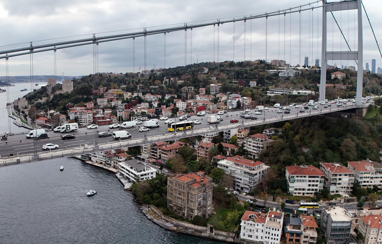 An aerial view of Zeki Pasha Mansion located on the waterfront just beneath the Fatih Sultan Mehmet Bridge along the Bosphorus, Istanbul, Türkiye, Nov. 22, 2025. (IHA Photo)