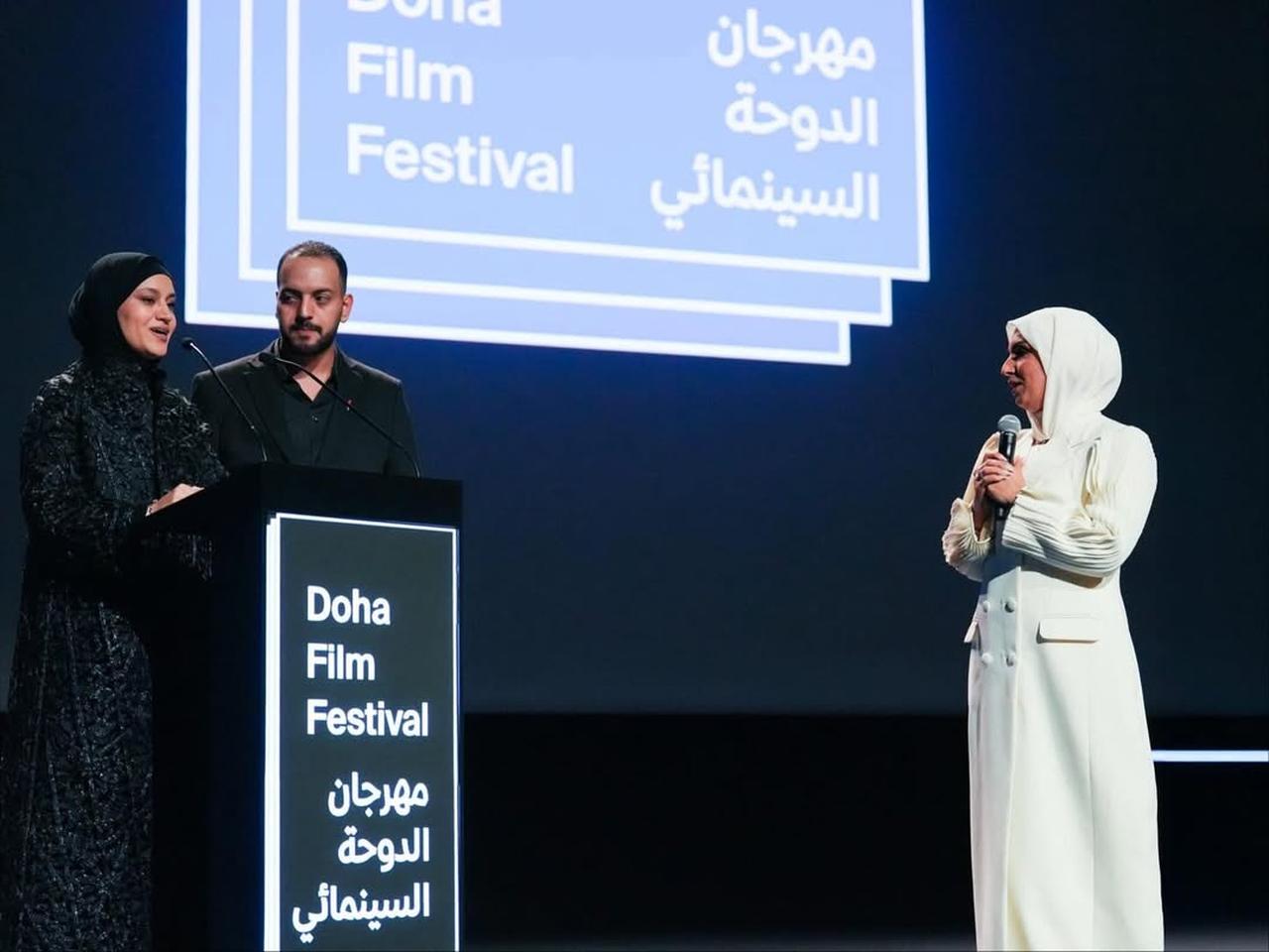 The mother of Hind Ragab, speaking at the premiere of the movie  at the Doha Film Festival (DFF25) on November 20, 2025. (Photo via Instagram / @dohafilm)