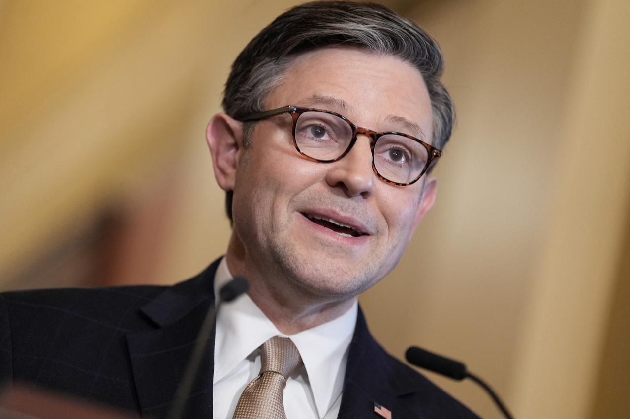 US Speaker of the House Mike Johnson, Republican from Louisiana, speaks to the press at the US Capitol following his closed-door meeting with Israeli Prime Minister Benjamin Netanyahu in Washington, DC, on Feb. 7, 2025. (AFP Photo)