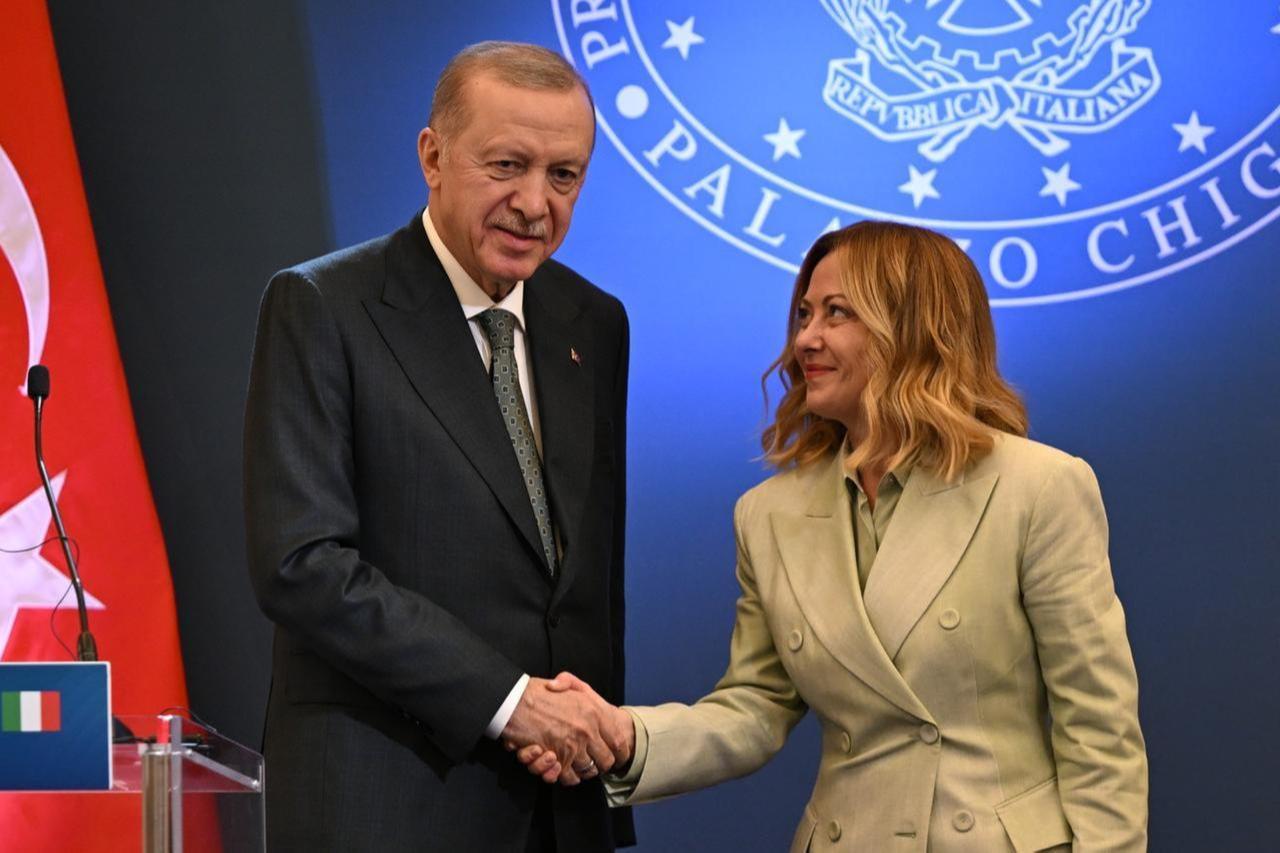 Turkish President Recep Tayyip Erdogan holds a joint news conference with Italian Prime Minister Giorgia Meloni, at Villa Pamphili residence in Rome, Italy where he came to attend the 4th Intergovernmental Summit between Turkiye and Italy on April 29, 2025. (AA Photo)