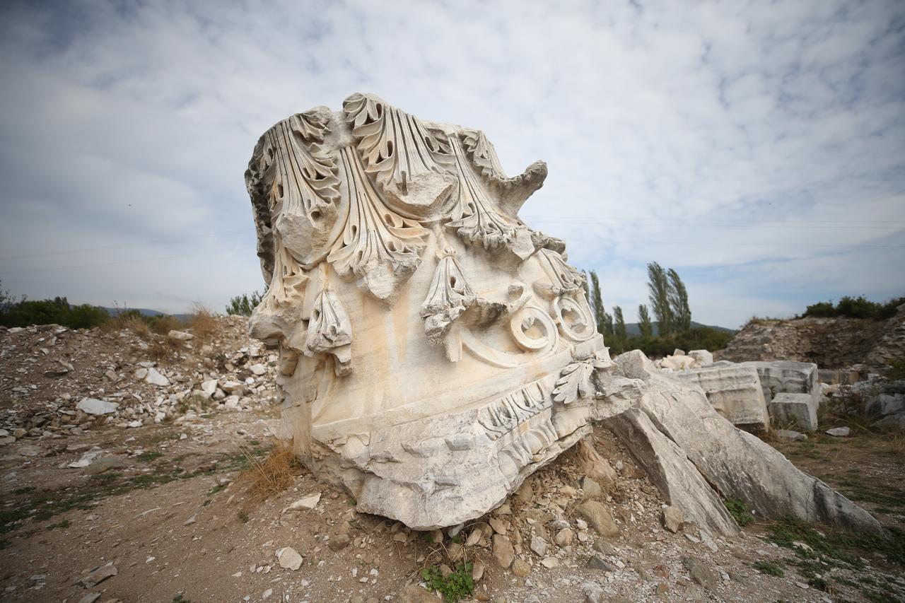 Detailed Corinthian-style carvings featuring acanthus leaves and volutes can be seen on a massive capital fragment at the Hadrian Temple excavation in Cyzicus, Balikesir, Türkiye, Nov. 2025. (AA Photo)