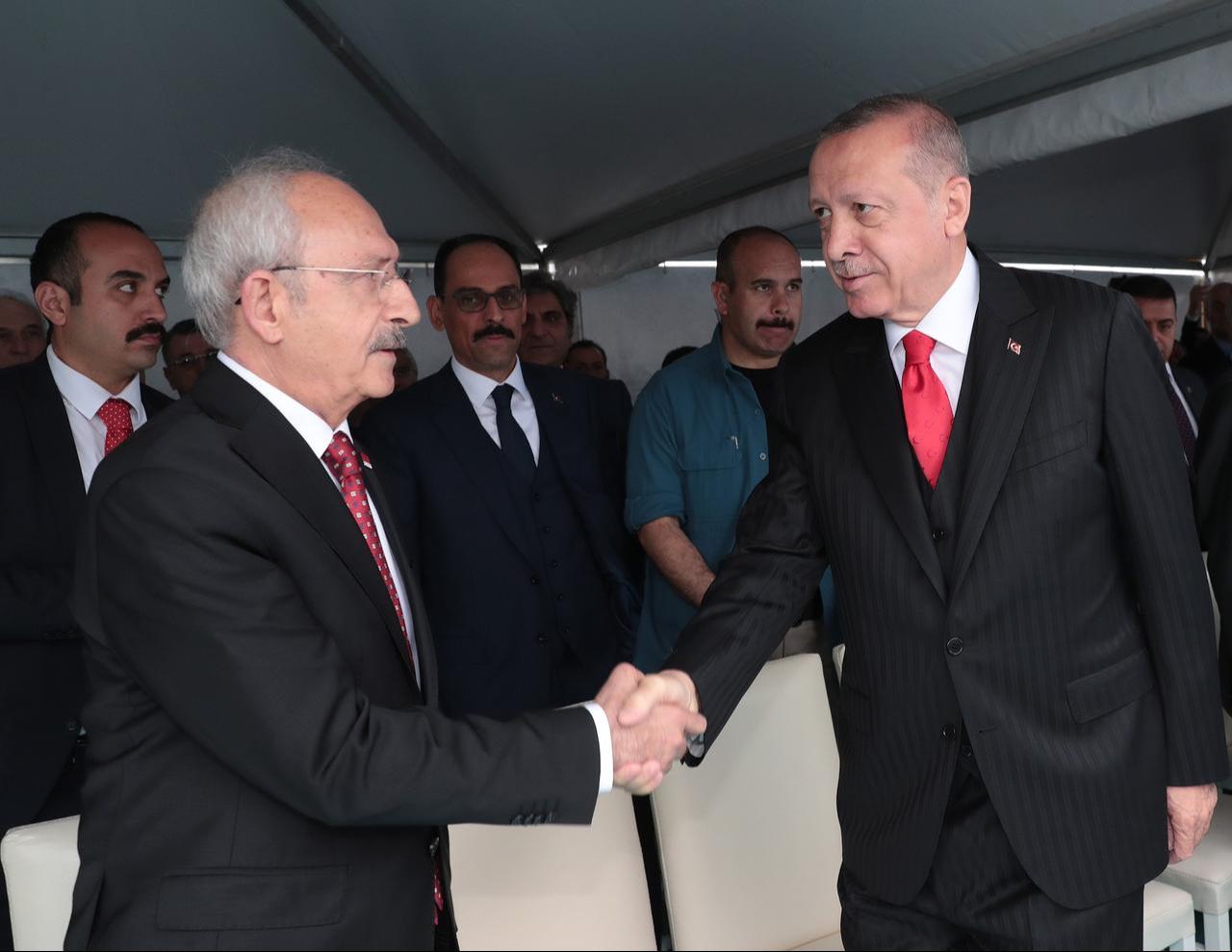 Attending the May 19 Commemoration of Ataturk, Youth and Sports Day 100th Anniversary Ceremonies, President Erdogan (R) greets then CHP leader Kemal Kilicdaroglu (L), who also attended the program, Samsun, Türkiye, May 19, 2019. (AA Photo)